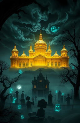 A stunning gold palace situated in a mysterious underworld, surrounded by eerie shadows and strange luminescent creatures