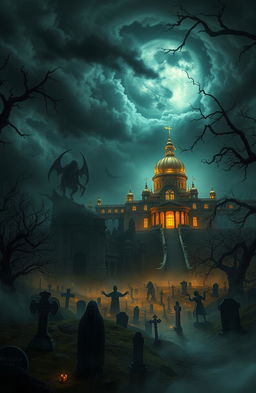 A stunning gold palace situated in a mysterious underworld, surrounded by eerie shadows and strange luminescent creatures
