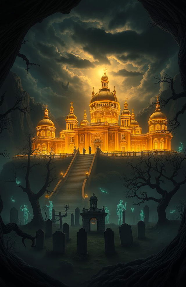 A stunning gold palace situated in a mysterious underworld, surrounded by eerie shadows and strange luminescent creatures