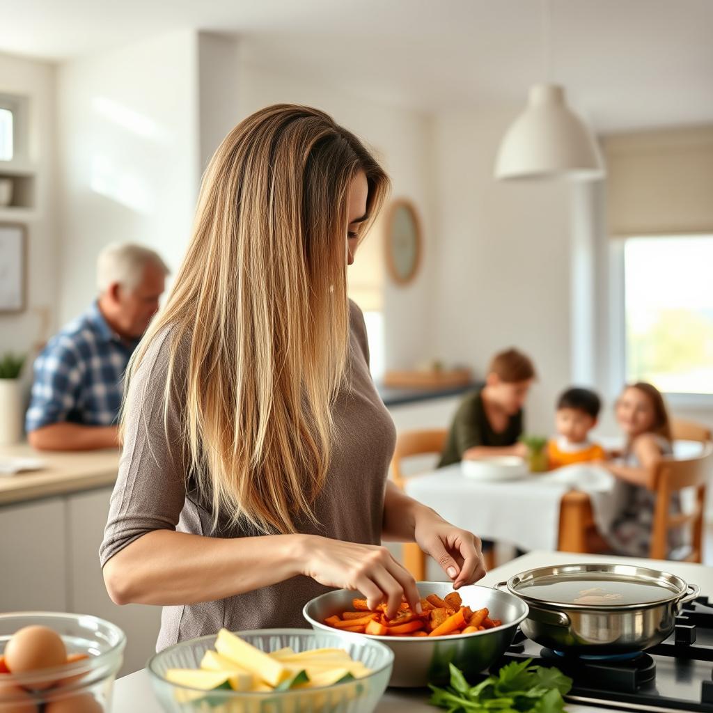 A scene of a 50-year-old mother in a modern kitchen cooking a delicious meal