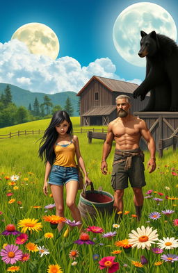A vibrant fantasy scene depicting a lively summer day on a picturesque farm, where a city girl with long dark hair and casual summer attire is working alongside her rugged cousin, who has a tan and strong build, amidst lush green fields and colorful wildflowers