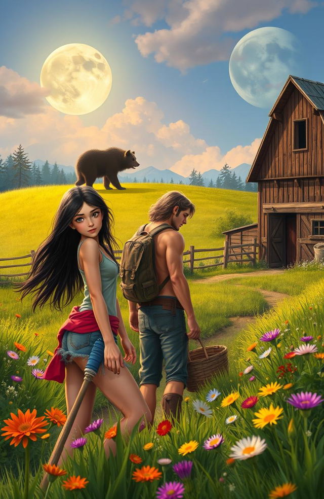 A vibrant fantasy scene depicting a lively summer day on a picturesque farm, where a city girl with long dark hair and casual summer attire is working alongside her rugged cousin, who has a tan and strong build, amidst lush green fields and colorful wildflowers