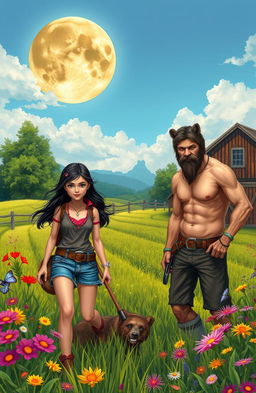 A vibrant fantasy scene depicting a lively summer day on a picturesque farm, where a city girl with long dark hair and casual summer attire is working alongside her rugged cousin, who has a tan and strong build, amidst lush green fields and colorful wildflowers