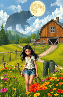 A vibrant fantasy scene depicting a lively summer day on a picturesque farm, where a city girl with long dark hair and casual summer attire is working alongside her rugged cousin, who has a tan and strong build, amidst lush green fields and colorful wildflowers