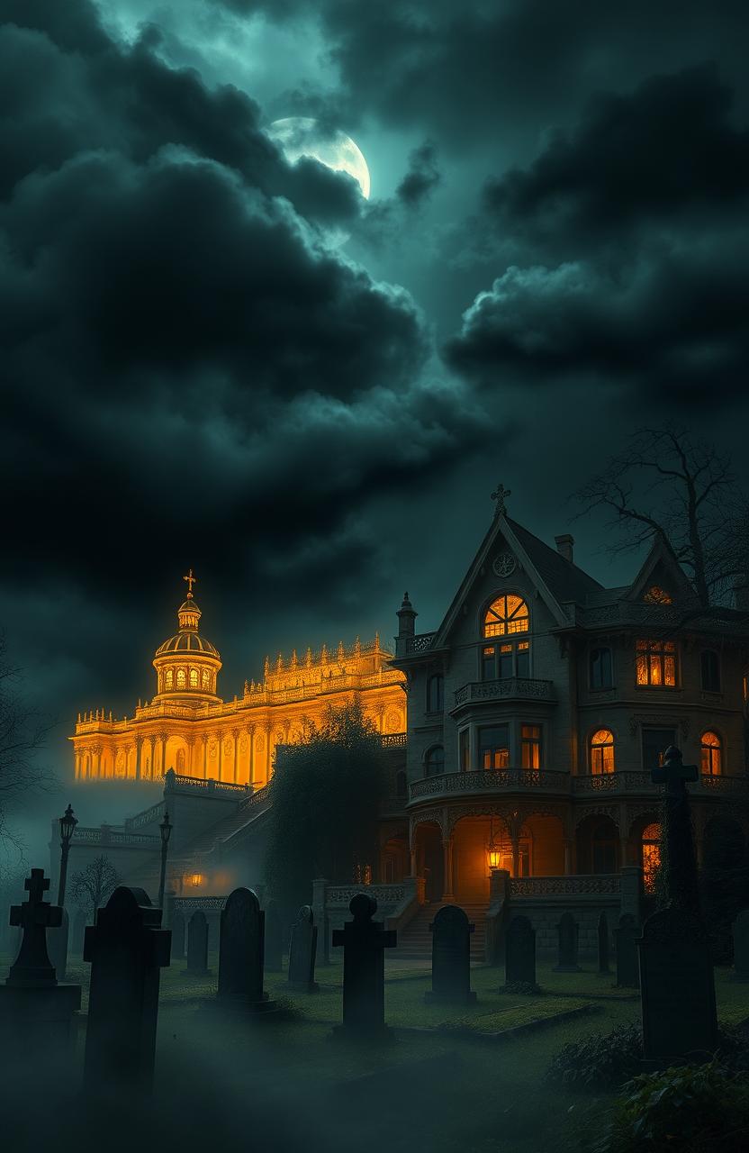 A striking juxtaposition of a magnificent gold palace situated in the underworld, surrounded by eerie shadows and dark landscapes, alongside a haunted manor amidst an overgrown graveyard, shrouded in mist and an air of gothic horror