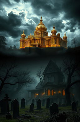 A striking juxtaposition of a magnificent gold palace situated in the underworld, surrounded by eerie shadows and dark landscapes, alongside a haunted manor amidst an overgrown graveyard, shrouded in mist and an air of gothic horror