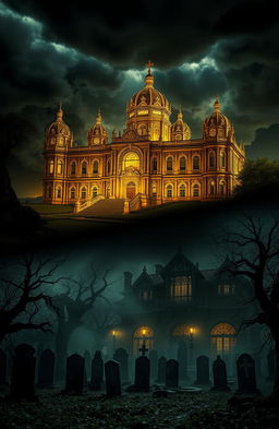 A striking juxtaposition of a magnificent gold palace situated in the underworld, surrounded by eerie shadows and dark landscapes, alongside a haunted manor amidst an overgrown graveyard, shrouded in mist and an air of gothic horror