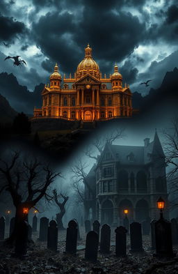 A striking juxtaposition of a magnificent gold palace situated in the underworld, surrounded by eerie shadows and dark landscapes, alongside a haunted manor amidst an overgrown graveyard, shrouded in mist and an air of gothic horror