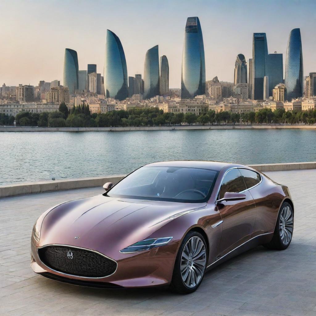 An Azerbaijani luxury car, showcasing sleek design features, advanced technology, and reflecting the country's rich design heritage