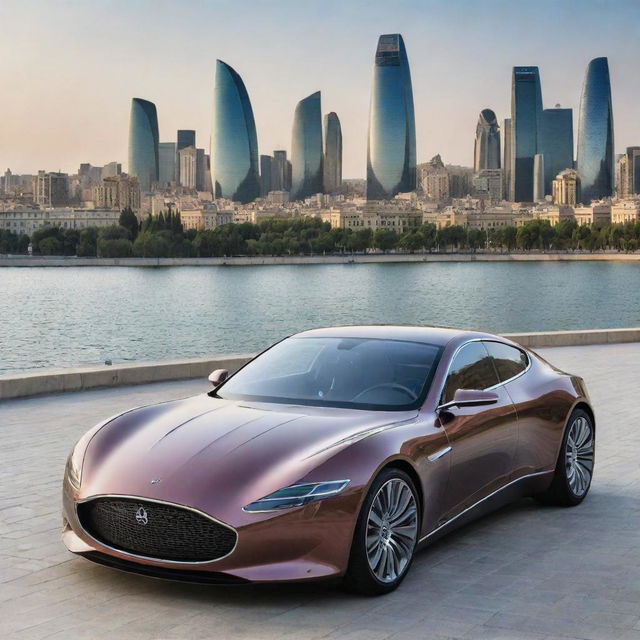 An Azerbaijani luxury car, showcasing sleek design features, advanced technology, and reflecting the country's rich design heritage