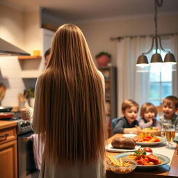 A 50-year-old mother standing in a kitchen, cooking delicious food, with very long, soft, straight hair flowing freely down her back