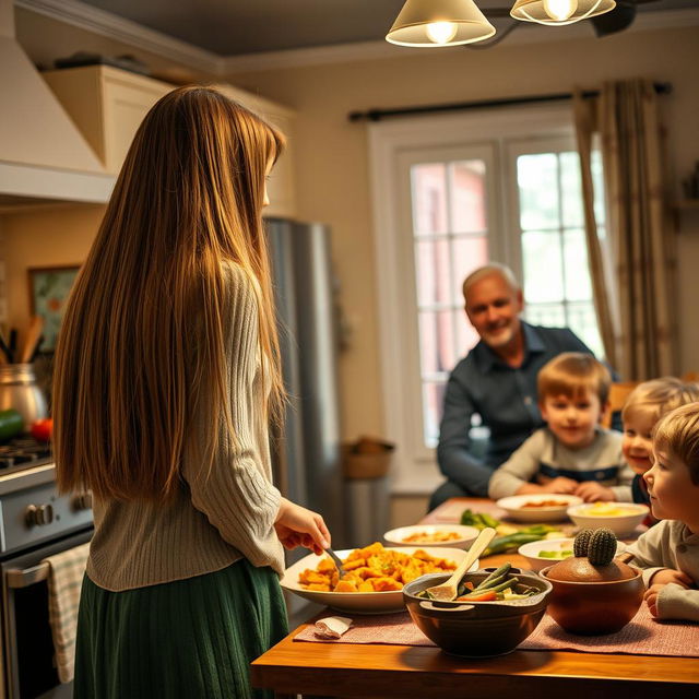 A 50-year-old mother standing in a kitchen, cooking delicious food, with very long, soft, straight hair flowing freely down her back