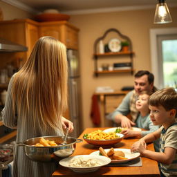 A 50-year-old mother standing in a kitchen, cooking delicious food, with very long, soft, straight hair flowing freely down her back
