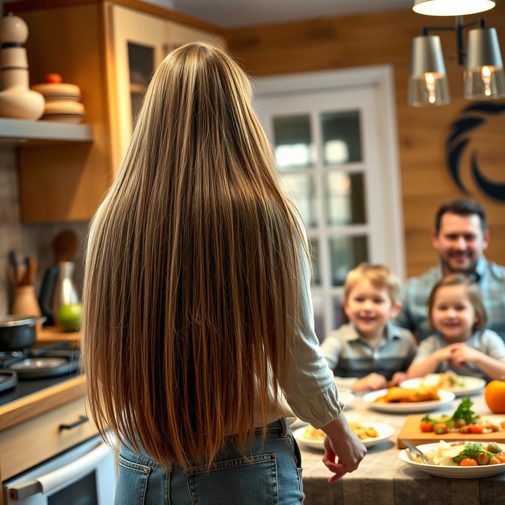 A 50-year-old mother standing in a kitchen, cooking delicious food, with very long, soft, straight hair flowing freely down her back