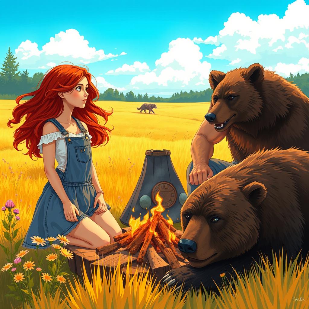 A captivating slice of life fantasy scene illustrating a city girl with flowing auburn hair, dressed in light, breezy summer attire, as she adjusts to life on her cousin's rustic farm