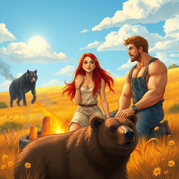 A captivating slice of life fantasy scene illustrating a city girl with flowing auburn hair, dressed in light, breezy summer attire, as she adjusts to life on her cousin's rustic farm