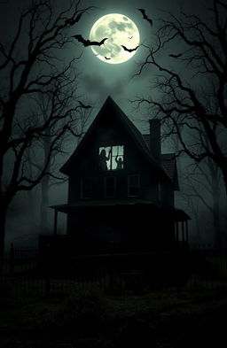 A spooky haunted house nestled in a dark, eerie forest