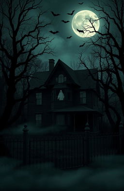 A spooky haunted house nestled in a dark, eerie forest