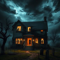 A terrifying haunted house set in a foreboding landscape, with jagged dark clouds swirling ominously overhead