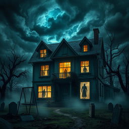 A terrifying haunted house set in a foreboding landscape, with jagged dark clouds swirling ominously overhead