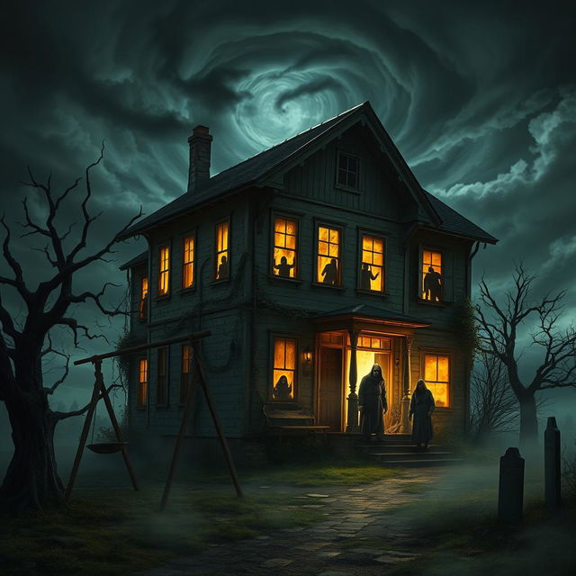 A terrifying haunted house set in a foreboding landscape, with jagged dark clouds swirling ominously overhead