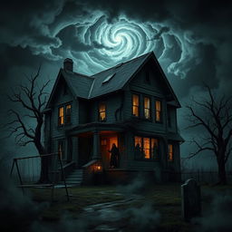 A terrifying haunted house set in a foreboding landscape, with jagged dark clouds swirling ominously overhead