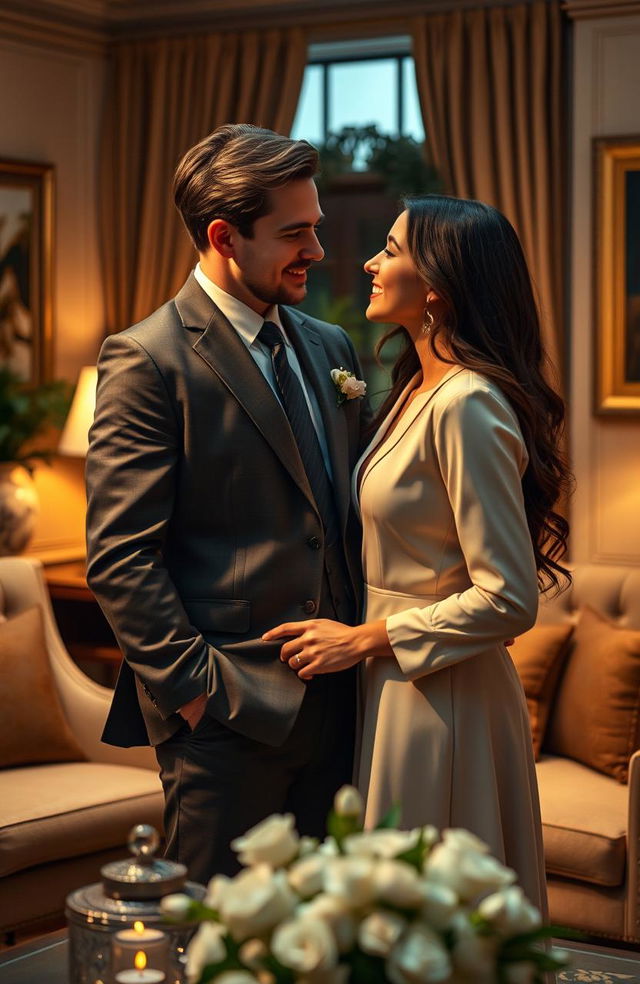 A romantic scene capturing a handsome lawyer in a well-tailored suit, exuding charm and confidence, standing beside his beautiful client who has a modest yet captivating look