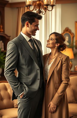 A romantic scene capturing a handsome lawyer in a well-tailored suit, exuding charm and confidence, standing beside his beautiful client who has a modest yet captivating look
