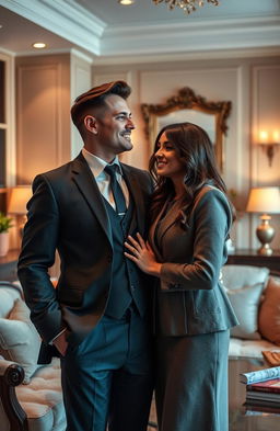 A romantic scene capturing a handsome lawyer in a well-tailored suit, exuding charm and confidence, standing beside his beautiful client who has a modest yet captivating look