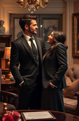 A romantic scene capturing a handsome lawyer in a well-tailored suit, exuding charm and confidence, standing beside his beautiful client who has a modest yet captivating look