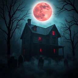 A dark and terrifying haunted house standing ominously in a shadowy landscape, surrounded by a dense, fog-filled forest