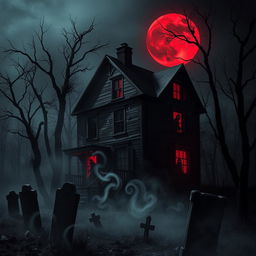 A dark and terrifying haunted house standing ominously in a shadowy landscape, surrounded by a dense, fog-filled forest