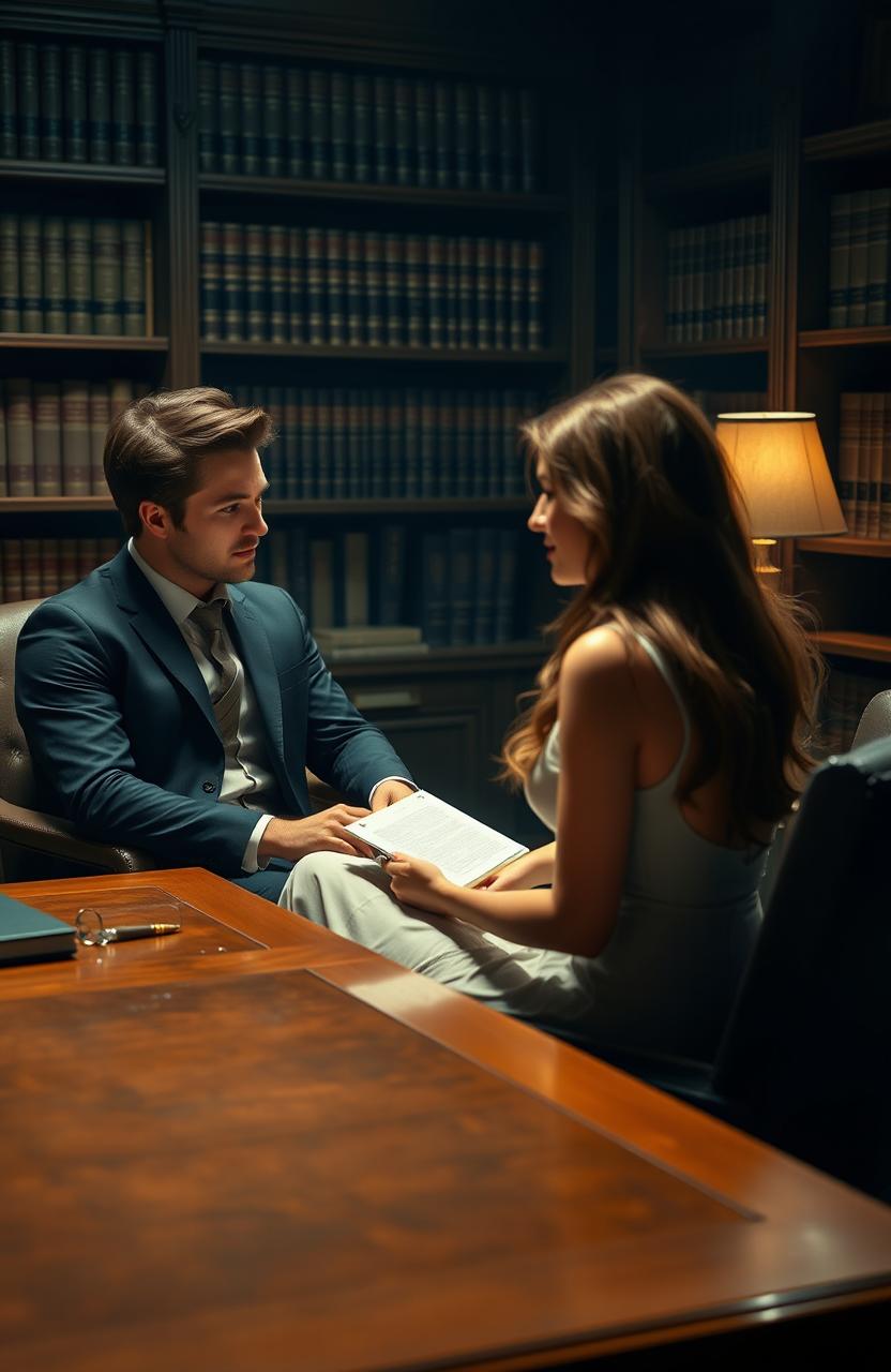 A romantic scene featuring a handsome, well-dressed lawyer with sharp features and an air of confidence, sitting across from his beautiful client, who has a graceful and captivating appearance