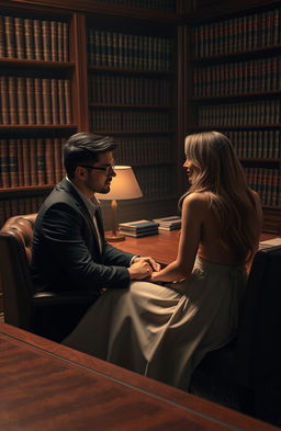 A romantic scene featuring a handsome, well-dressed lawyer with sharp features and an air of confidence, sitting across from his beautiful client, who has a graceful and captivating appearance