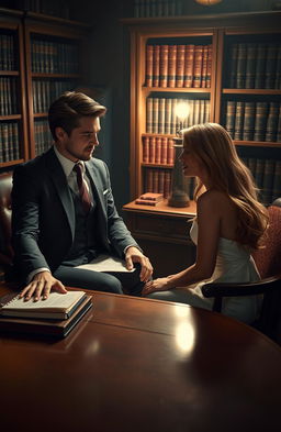 A romantic scene featuring a handsome, well-dressed lawyer with sharp features and an air of confidence, sitting across from his beautiful client, who has a graceful and captivating appearance