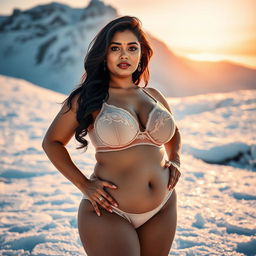 A full body view of a stunning Indian woman with voluptuous curves, showcasing her large breasts in an alluring outfit consisting of a sexy, translucent bra and panty set