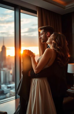 A romantic scene of a handsome lawyer in a tailored suit passionately kissing his beautiful client, who is wearing an elegant, flowing dress