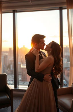 A romantic scene of a handsome lawyer in a tailored suit passionately kissing his beautiful client, who is wearing an elegant, flowing dress