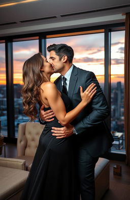 A romantic scene of a handsome lawyer in a tailored suit passionately kissing his beautiful client, who is wearing an elegant, flowing dress