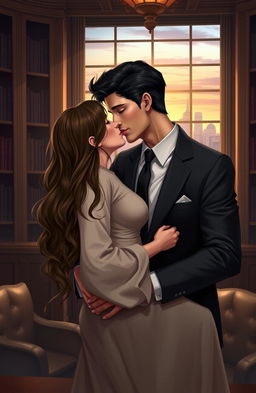 A romantic scene depicting a handsome lawyer with dark hair and a tailored suit holding his poor but beautiful client, who has long flowing hair and a humble dress, in a tender kiss