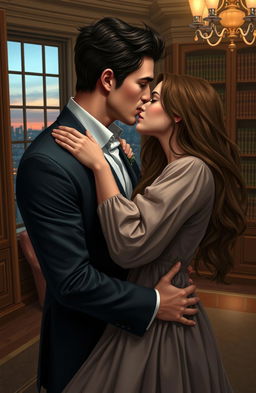 A romantic scene depicting a handsome lawyer with dark hair and a tailored suit holding his poor but beautiful client, who has long flowing hair and a humble dress, in a tender kiss