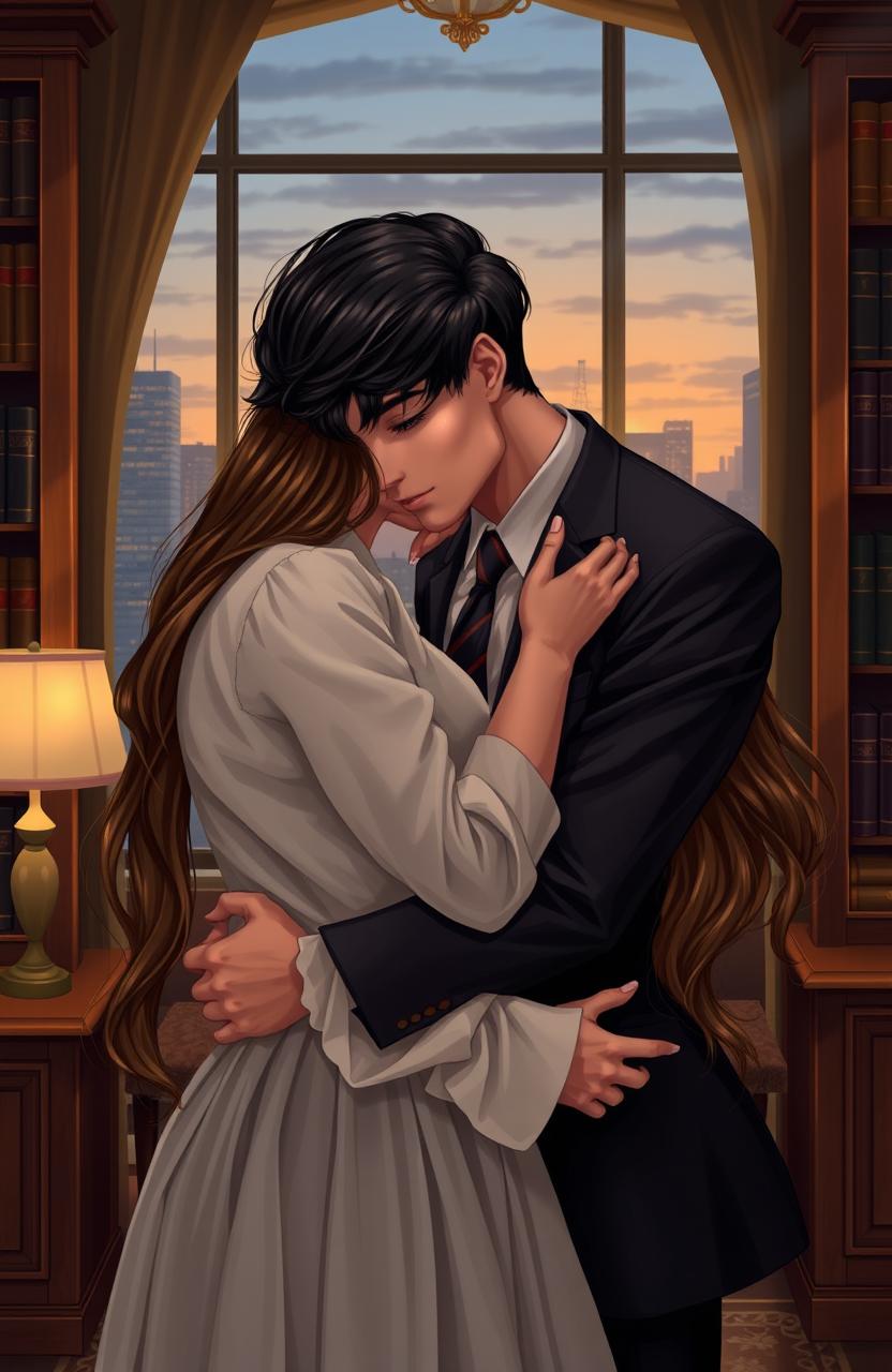 A romantic scene depicting a handsome lawyer with dark hair and a tailored suit holding his poor but beautiful client, who has long flowing hair and a humble dress, in a tender kiss