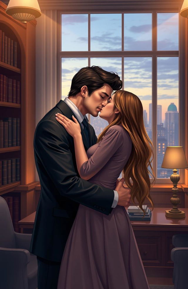 A romantic scene depicting a handsome lawyer with dark hair and a tailored suit holding his poor but beautiful client, who has long flowing hair and a humble dress, in a tender kiss