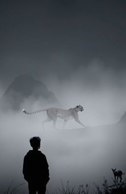 A stunning gray aesthetic scene featuring a majestic cheetah gracefully moving through a mysterious night landscape shrouded in mist