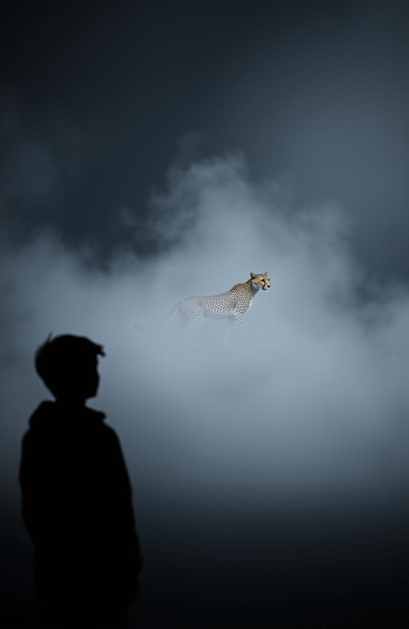 A stunning gray aesthetic scene featuring a majestic cheetah gracefully moving through a mysterious night landscape shrouded in mist