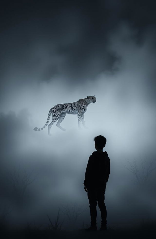 A stunning gray aesthetic scene featuring a majestic cheetah gracefully moving through a mysterious night landscape shrouded in mist