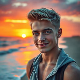 A breathtaking scene featuring a handsome young man with striking blonde hair
