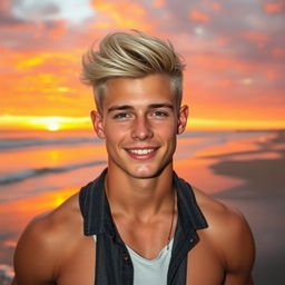 A breathtaking scene featuring a handsome young man with striking blonde hair