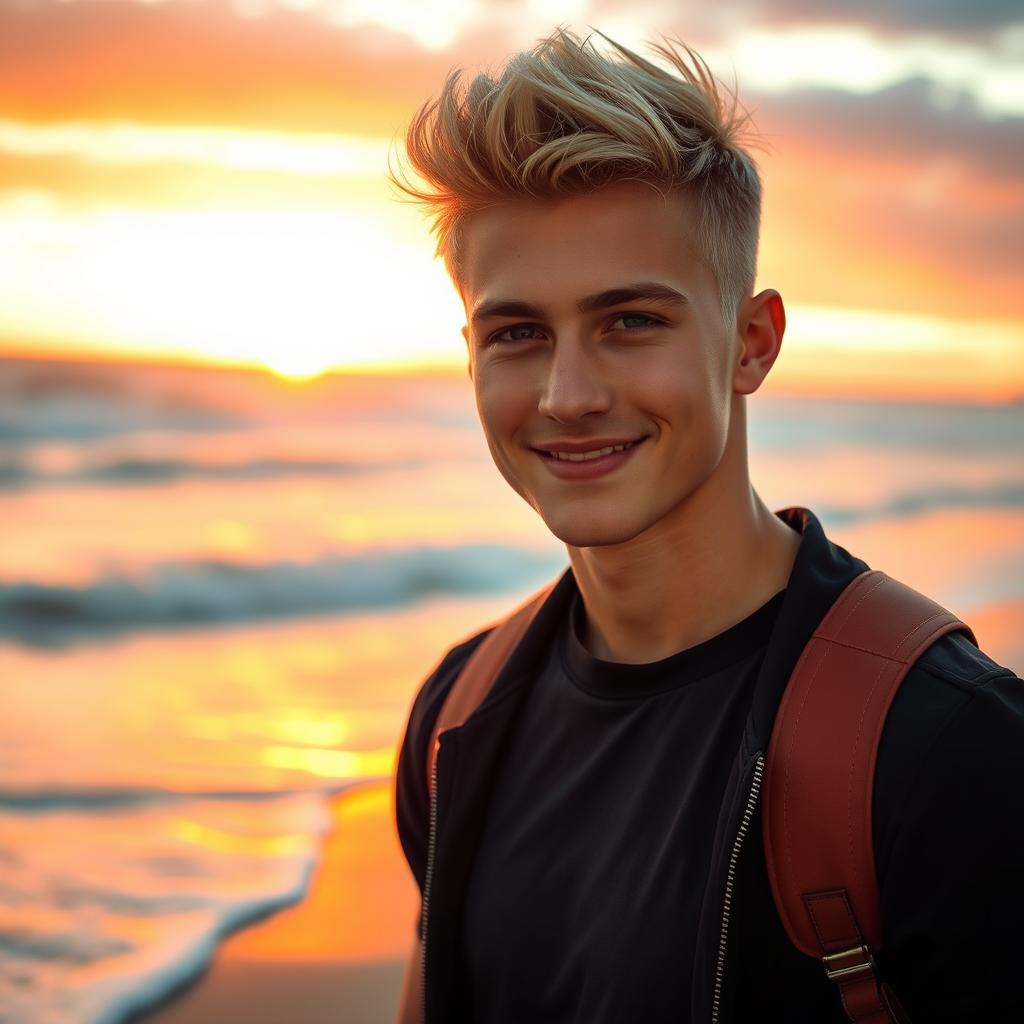 A breathtaking scene featuring a handsome young man with striking blonde hair