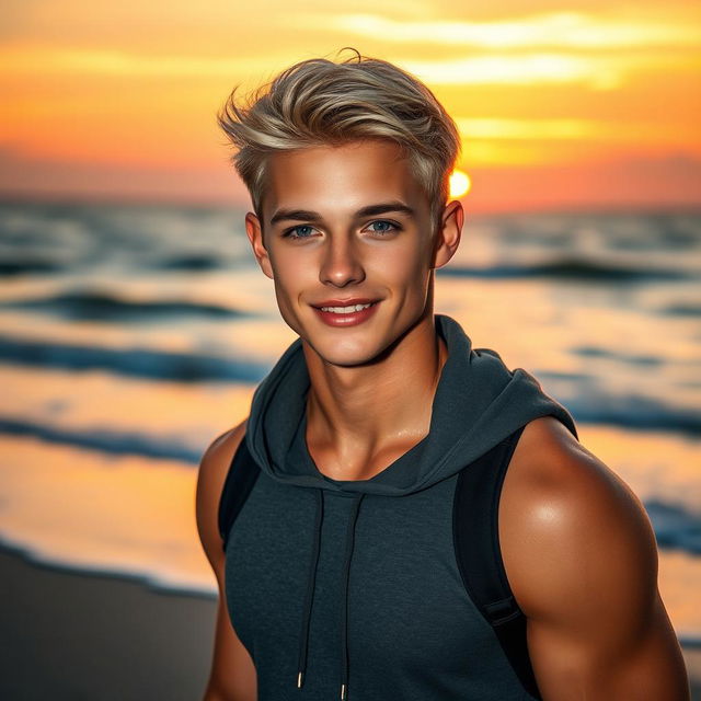 A breathtaking scene featuring a handsome young man with striking blonde hair